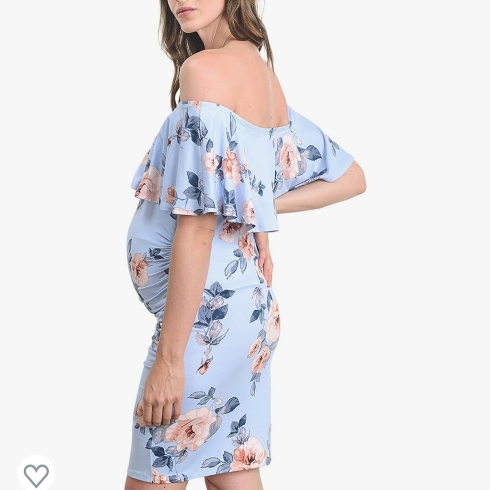 Blue Floral Off Shoulder Maternity Dress - Picture 3 of 6